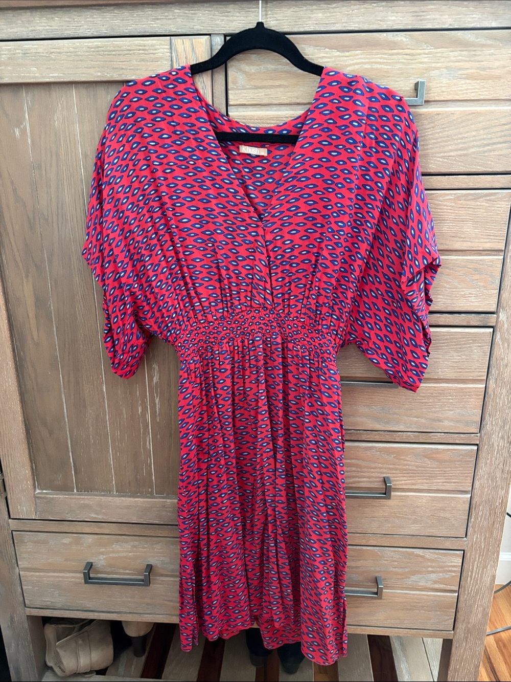 Magenta pink and blue Patterned V-Neck Smocked Waist Women’s Dress